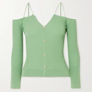 Off-the-shoulder cutout rib-knit cardigan
